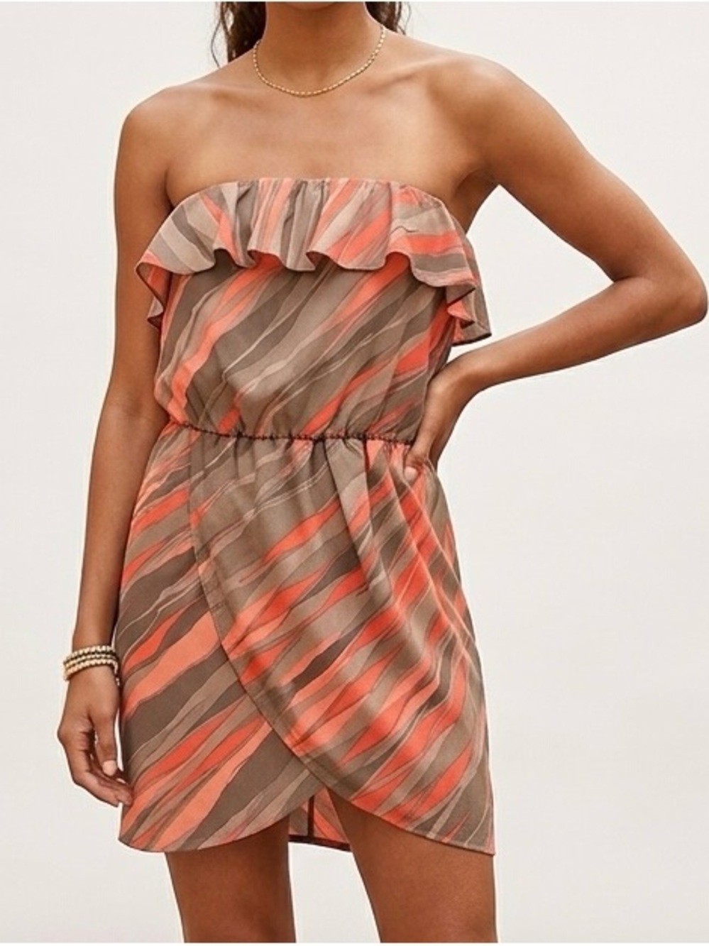 GAP Strapless Ruffle Dress in Coral and Taupe